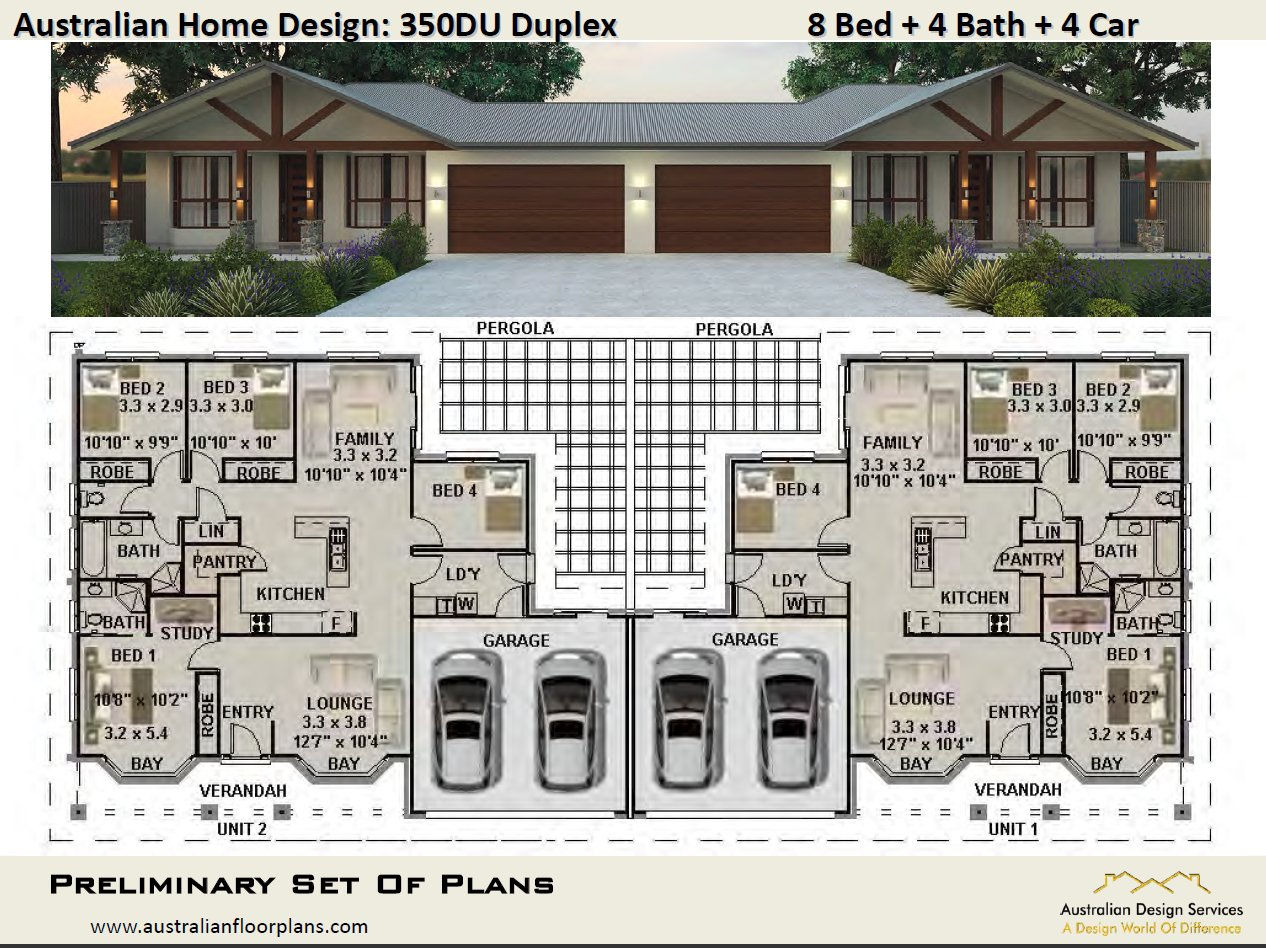 350 DU | 6 Bed + 4 Bath: 330.0 m2 | Duplex Design Preliminary House Plans