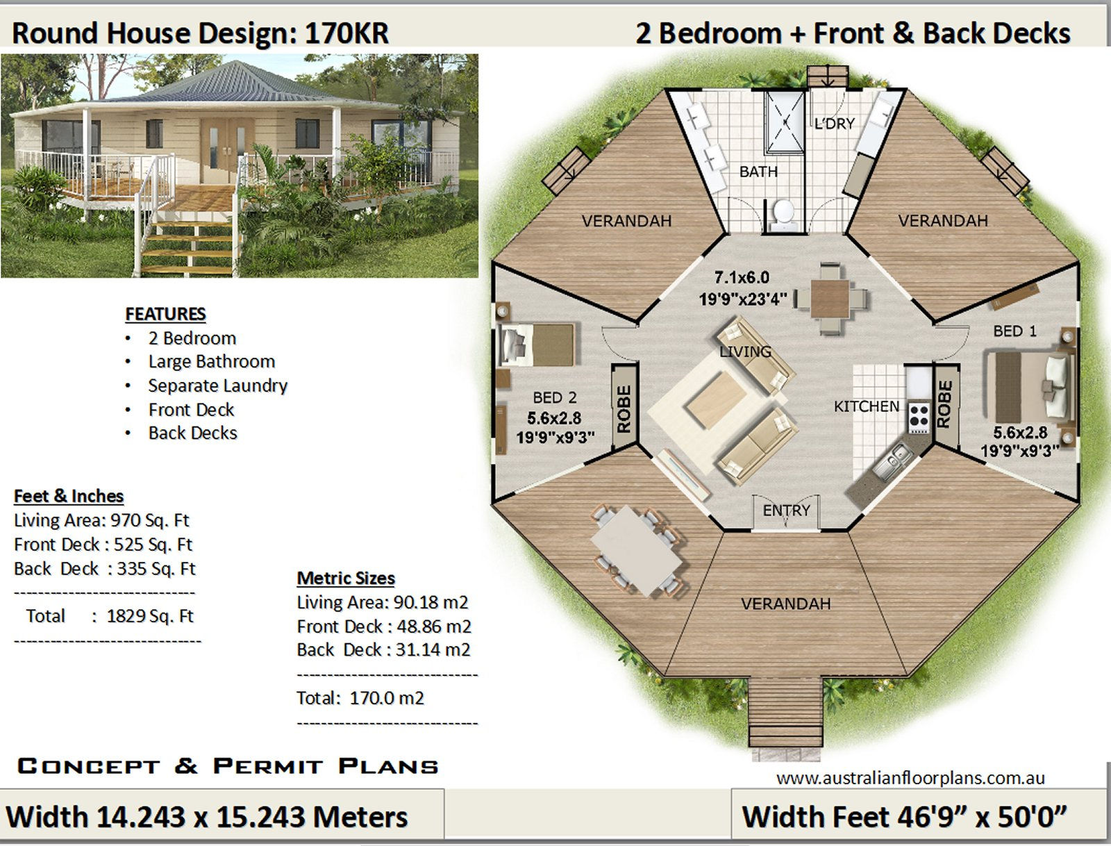 170KR-2 Bed Round House Plan: 90.18 m2 or 970 Sq. Foot Living Area|