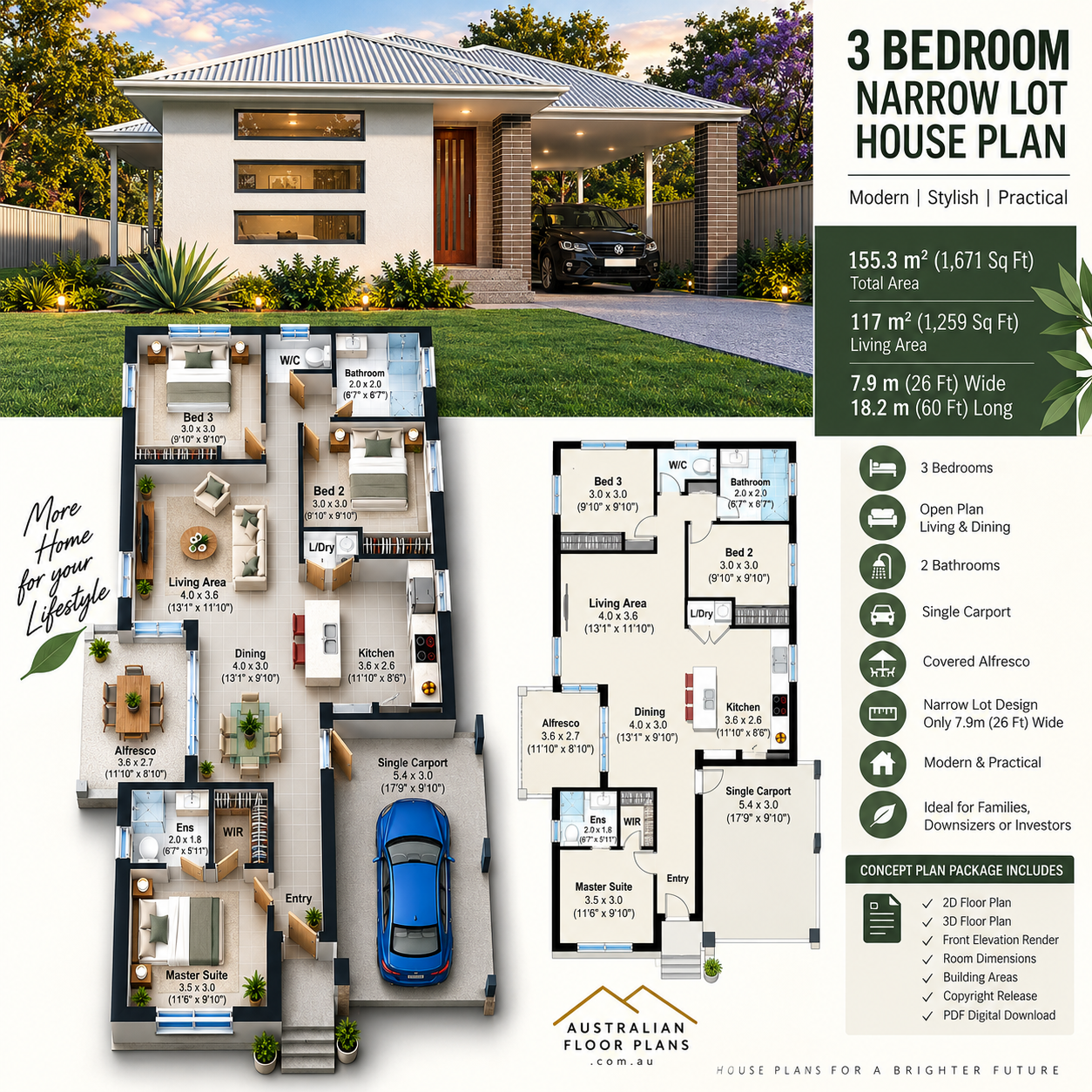 155.3SB Narrow Lot House Plan – 3 Bedroom Small Home Design | 155.3 m² / 1,671