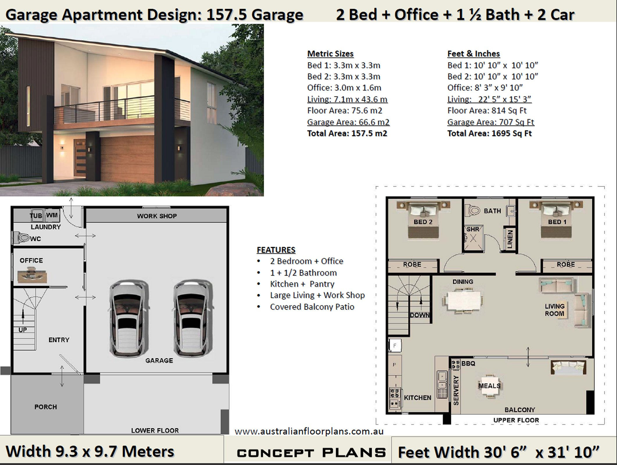 Small House Plan 2 Bedroom + Office 157.5