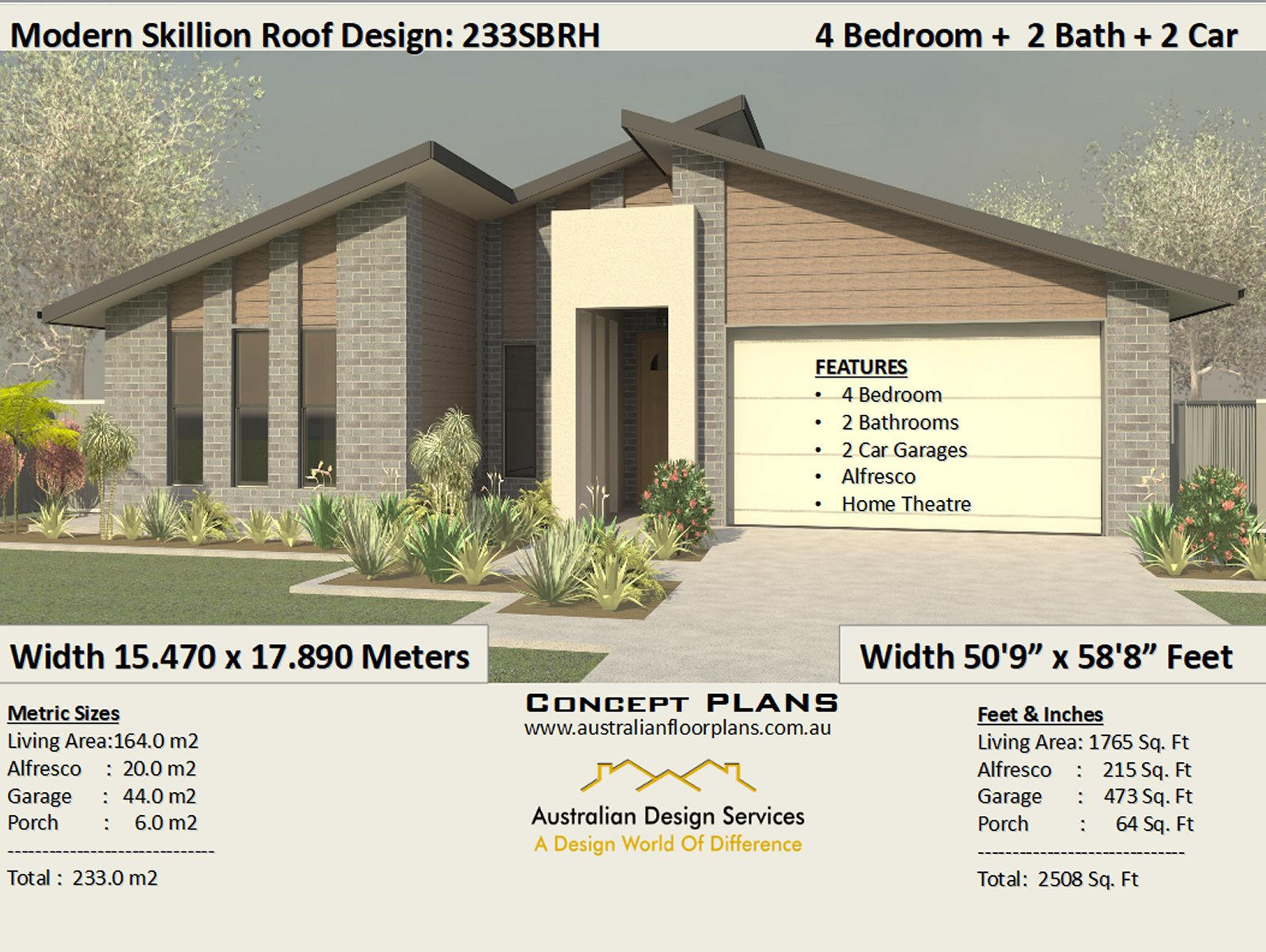 4 Bed House Plan + Garage Skillion Roof Design: 233.0 m2 2508 Sq Foot | 233SBRH-