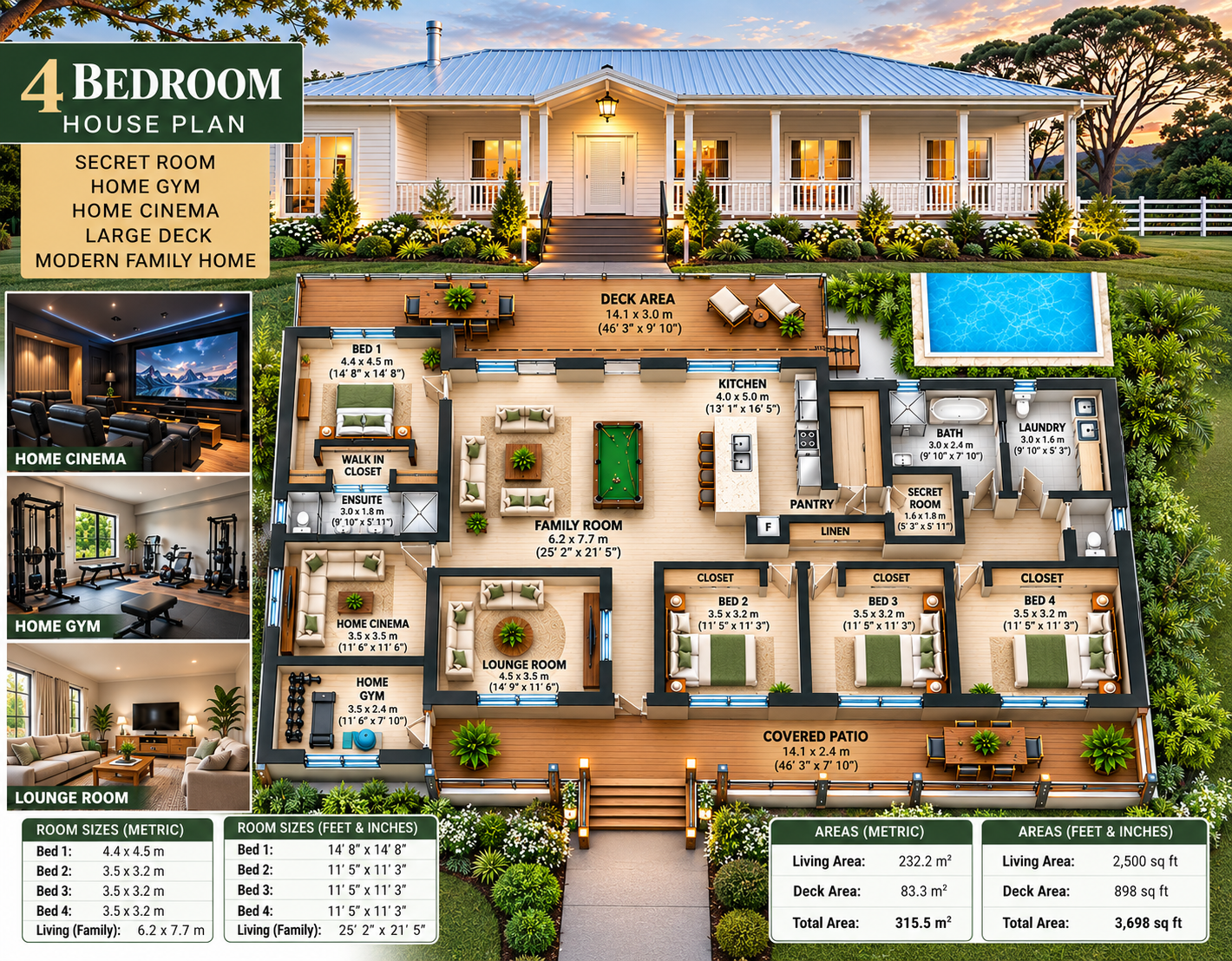 Modern 4 Bedroom House Plan with Secret Room, Home Gym & Cinema | 315.5m²