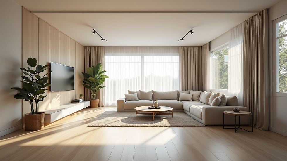 Eye-level view of a spacious modular home interior with natural light and modern furnishings
