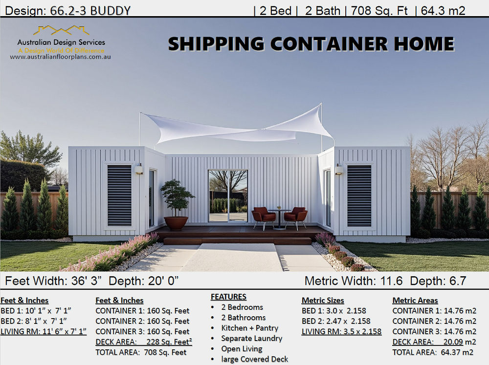 44.3m2 | 473 Sq Ft | 2 Bed | 2 Bath | 66.2 Buddy Ship Container Home