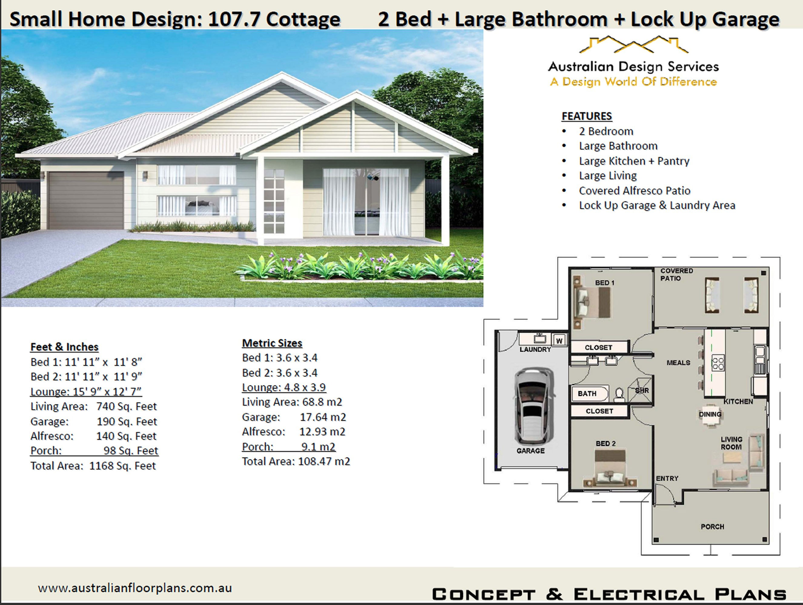 Small 2 Bed Home Design: 107.7 Cottage