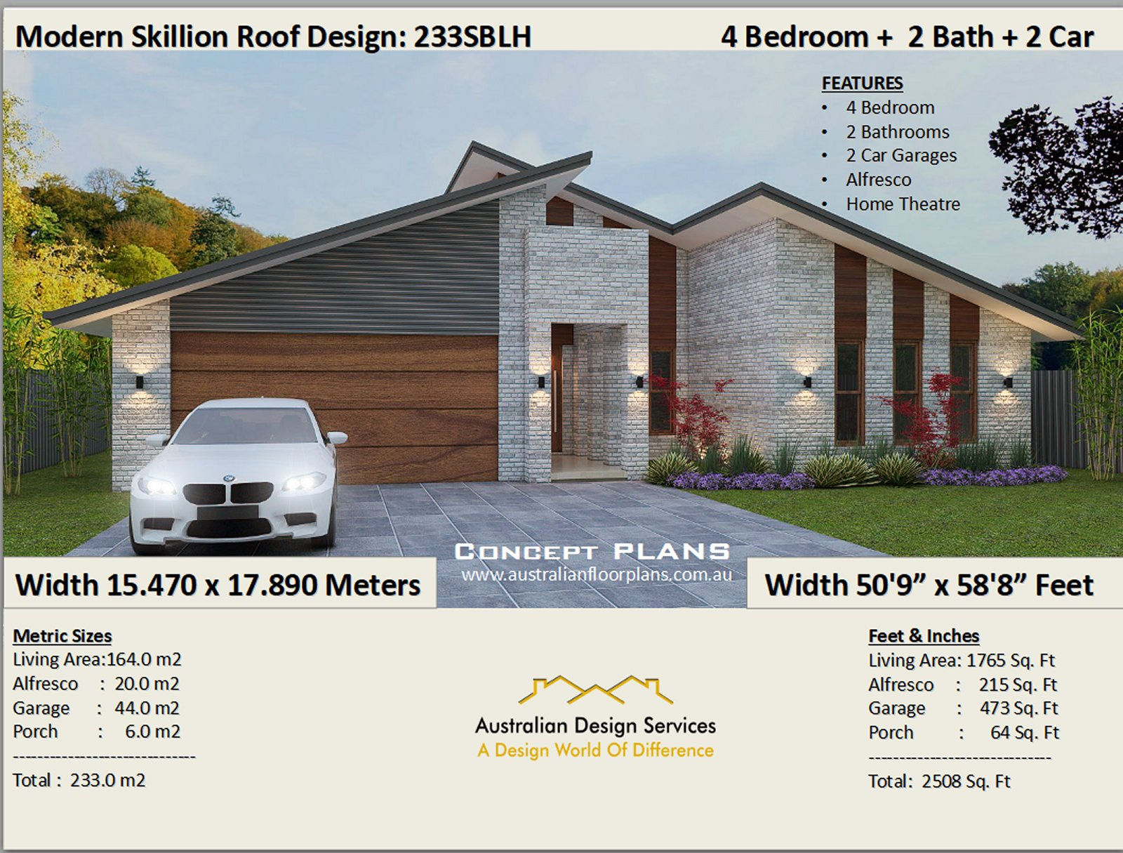 233SB- 4 Bed + Garage: 233.0 m2 2508 Sq Foot | Skillion Roof Concept House Plans