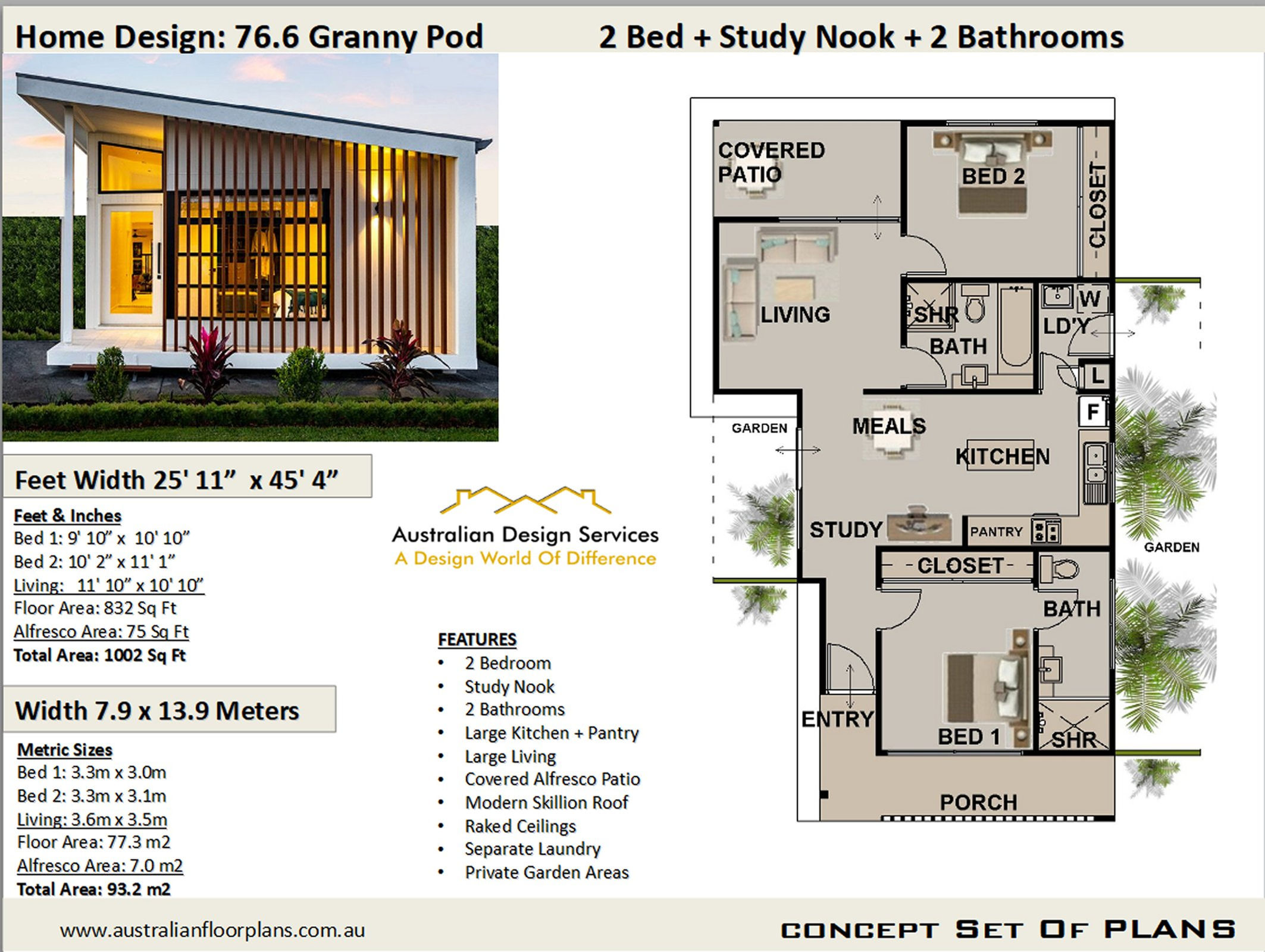 Small Home Design 2 Bed + 2 Bath House Plan:76.6 Granny | Concept House Plan Set