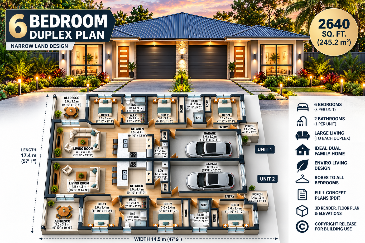 6 Bedroom Duplex House Plan | Narrow Lot Dual Living Design | 245.2m² / 2640 Sq