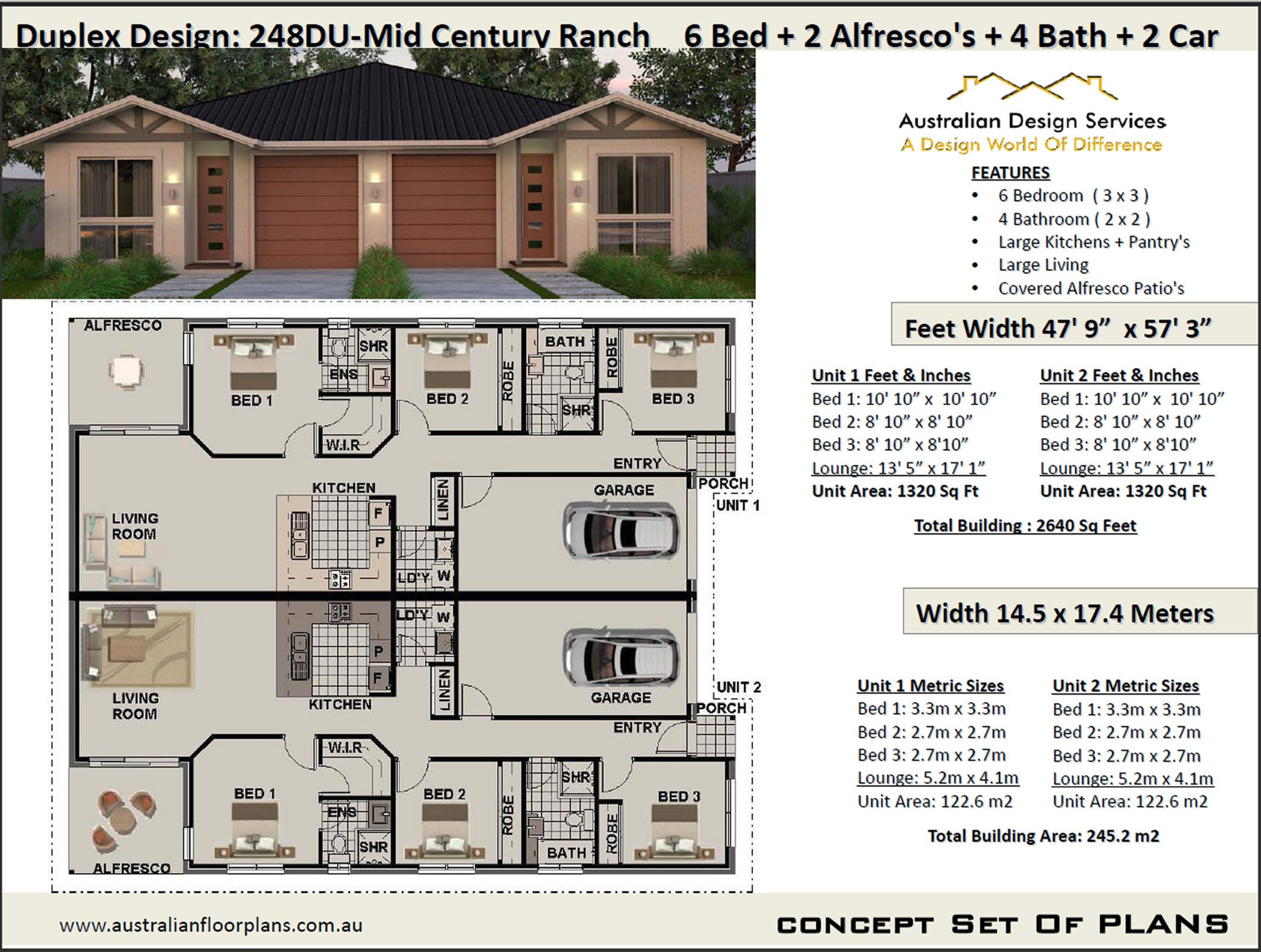 Mid Century Duplex Design 6 Bed + 4 Bath + 2 Cars Duplex House Plans :248DURANCH