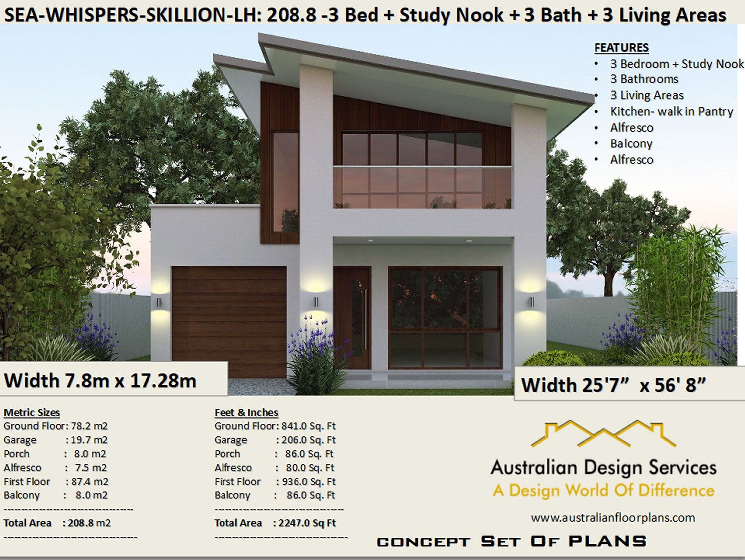 Skillion Roof Narrow Lot 2 story home design LH | Preliminary House Plan