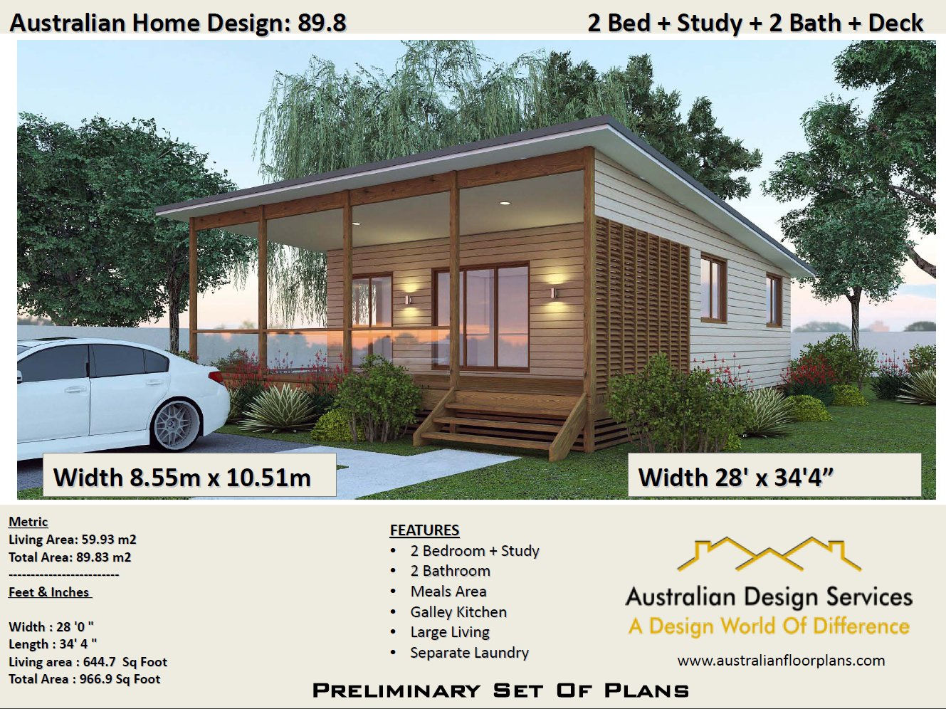 89-2 Bed+Study Granny Flat Plans 89.8 m2 | Preliminary House Plan Set- Buy Here