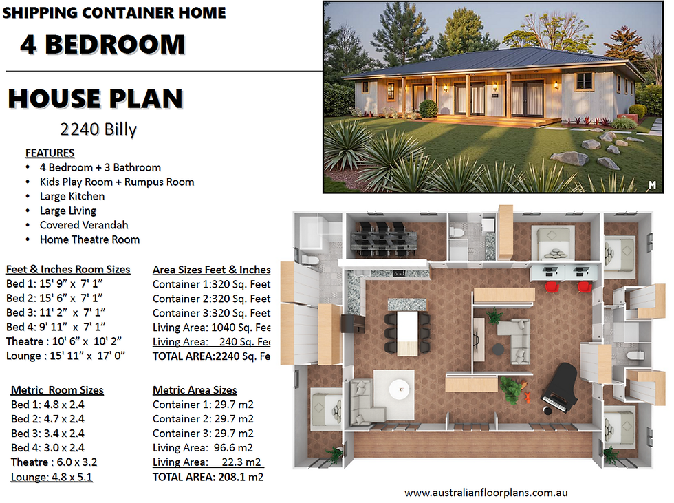 Thumbnail: 208.1 m2 | 2240 Sq Ft | 4 Bed | 3 Bath | 2240 Billy Shipping Container Home