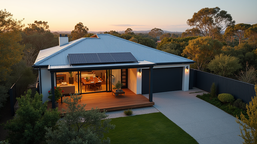 High angle view of sustainable modern Australian home with solar panels on roof