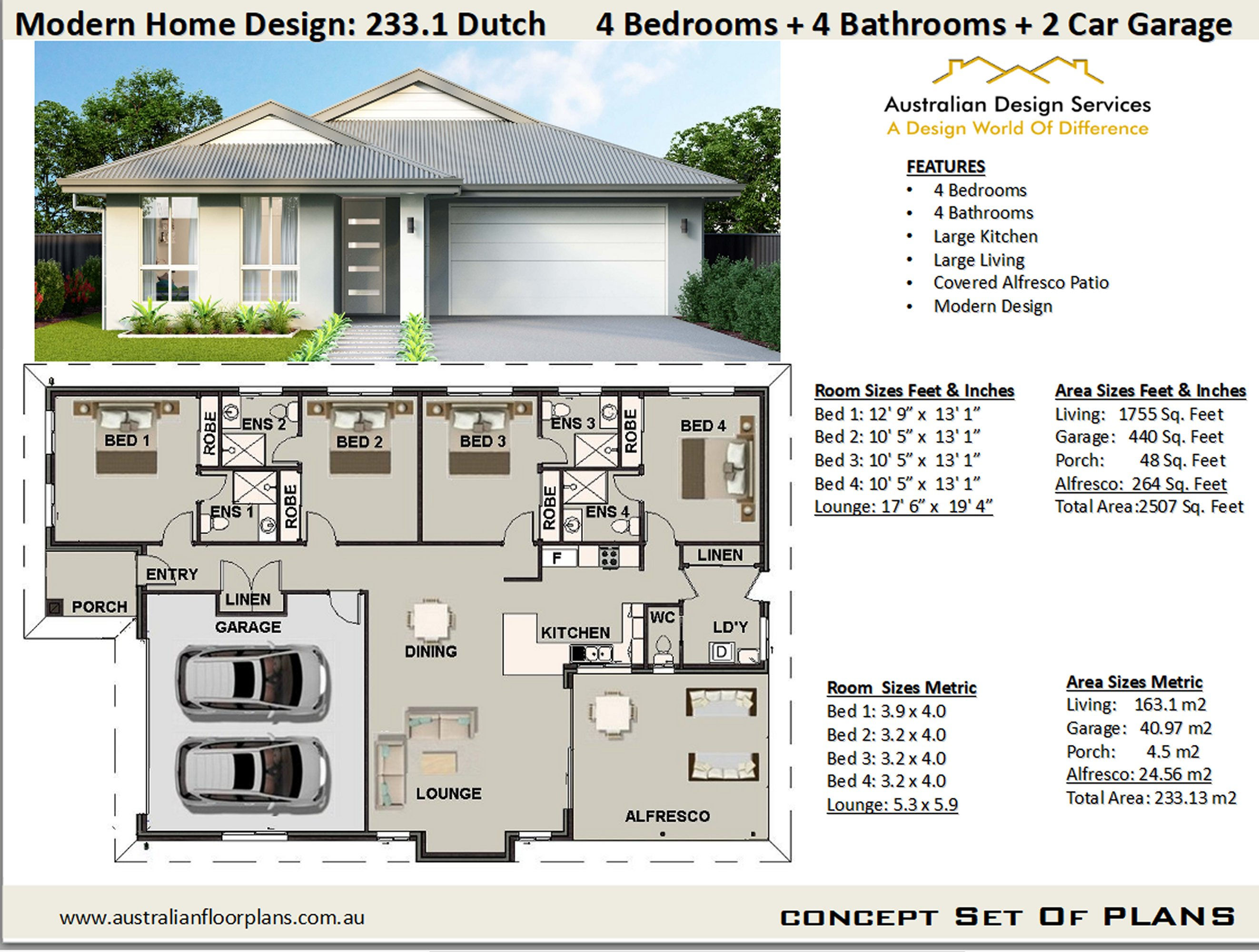 4 Bedroom Bathrooms Modern House Plans : 233.1 Dutch