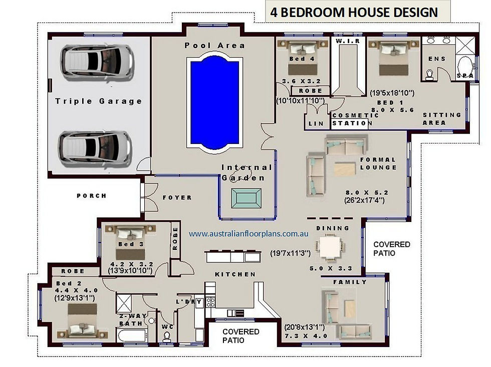 Internal Pool - 4 Bedroom house plans- Full Concept Plans For Sale