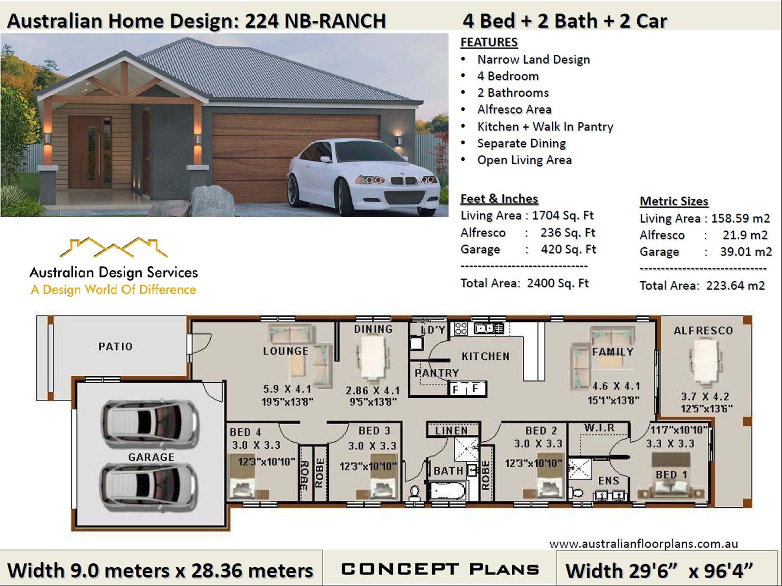 NARROR LOT - simple four bedroom house plans | 224 Ranch House Plans
