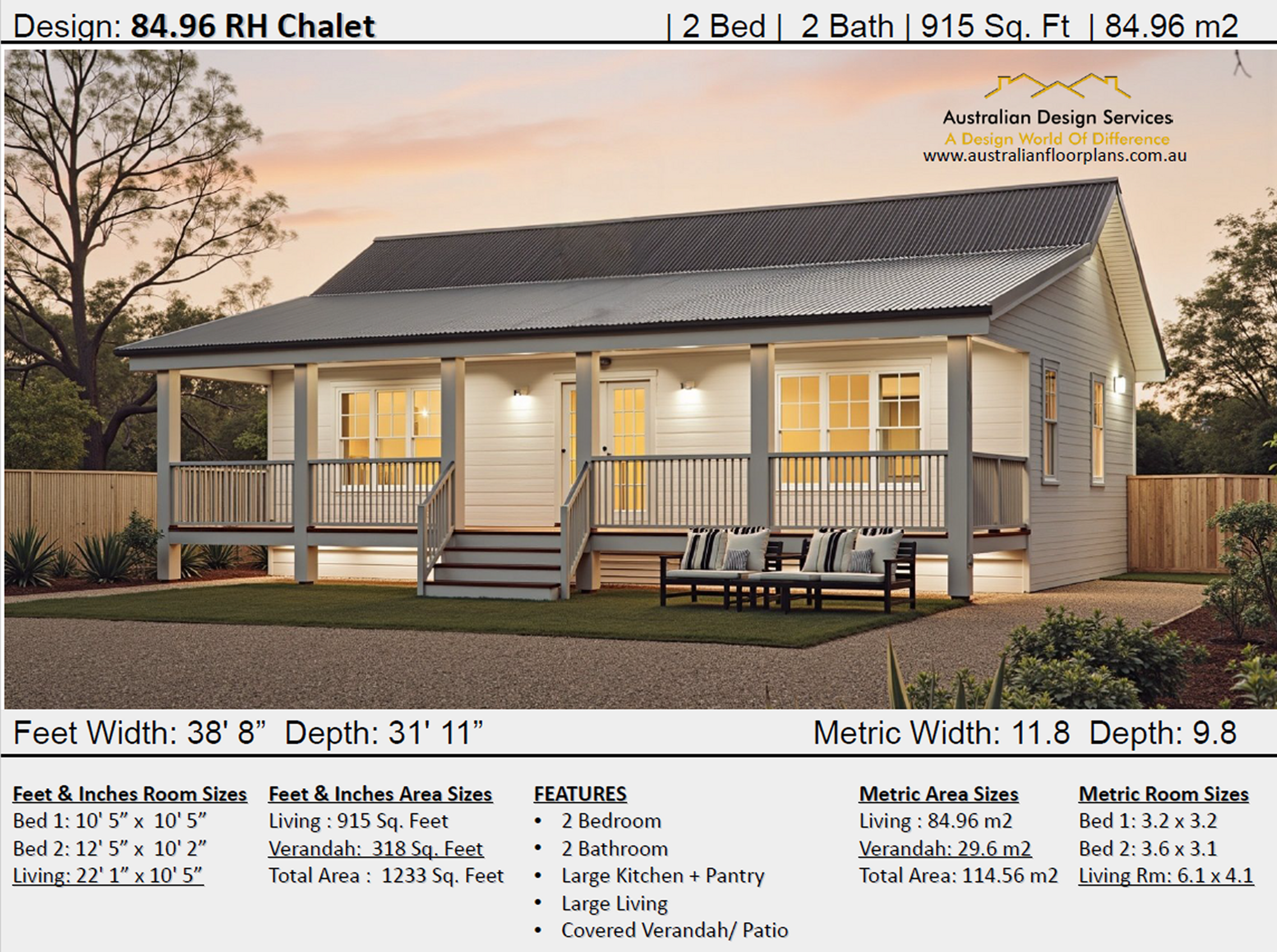 Settler Cottage Single-Level Home Design – 2 Bed, 2 Bath (84.9 m² / 915 sq ft)
