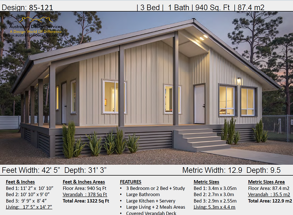 Thumbnail: 87.4 m2 | 940 Sq Ft | house plan | 3 Bed | 1 Bath | 85-121 -Const