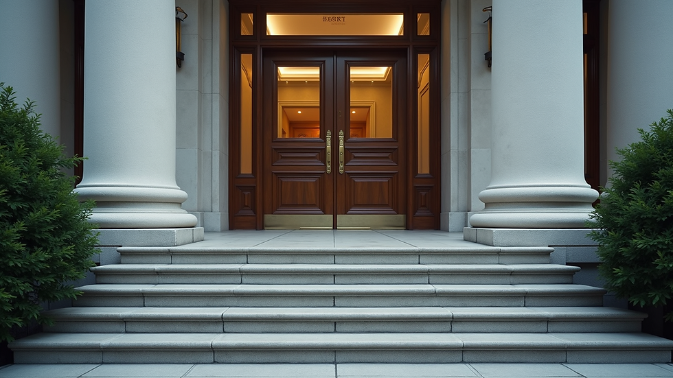 Eye-level view of a courthouse entrance with steps leading up