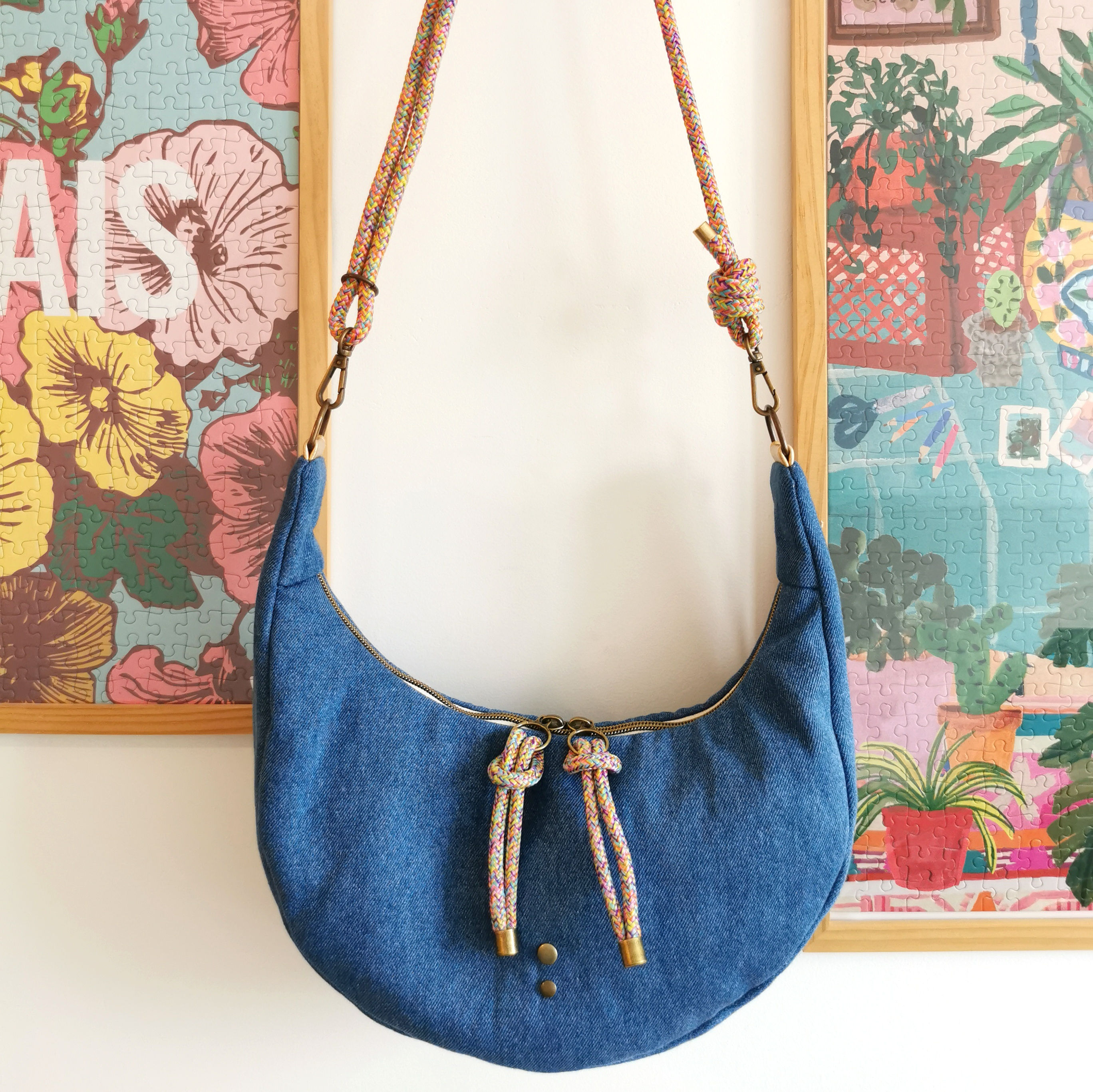 Sac demi lune | AXEL | Denim bleu (coloris corde au choix)