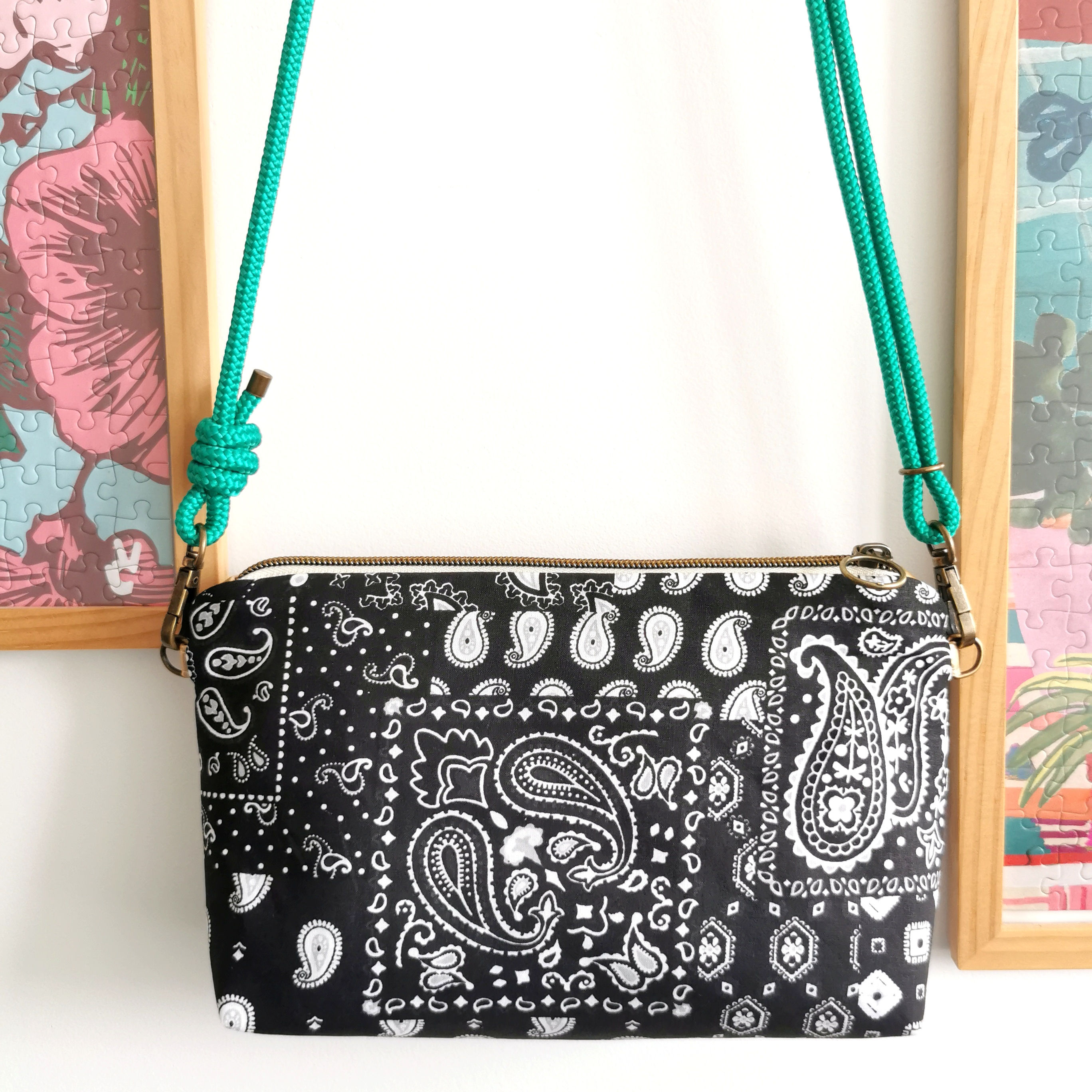 Sac pochette | JOSETTE | Bandana noir (Anse corde au choix)