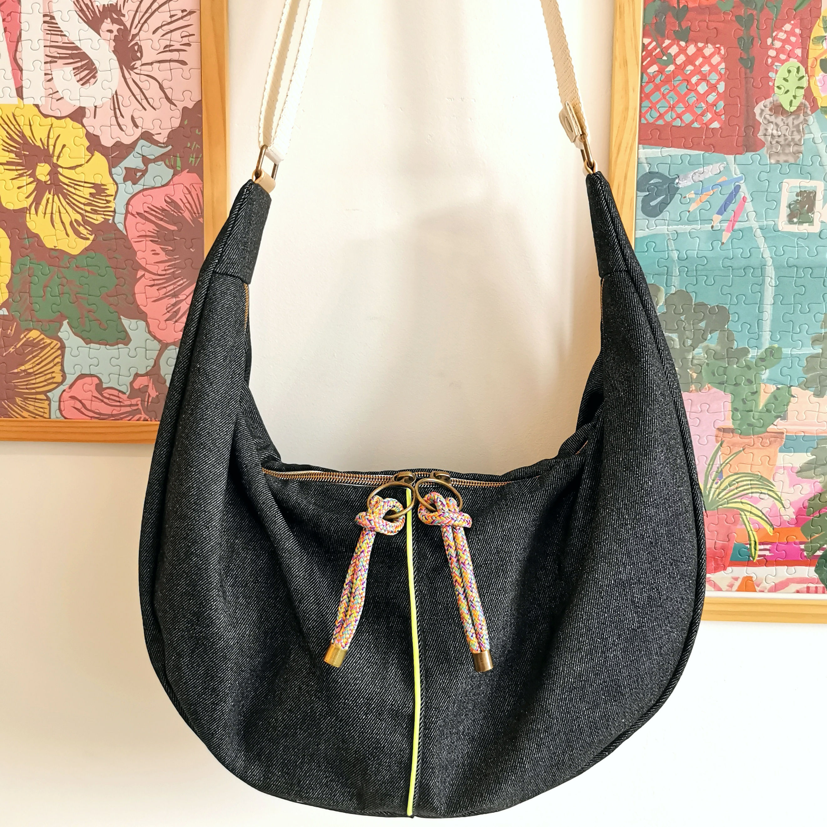 Sac demi lune | BIG AXEL | Denim gris (coloris cordons au choix