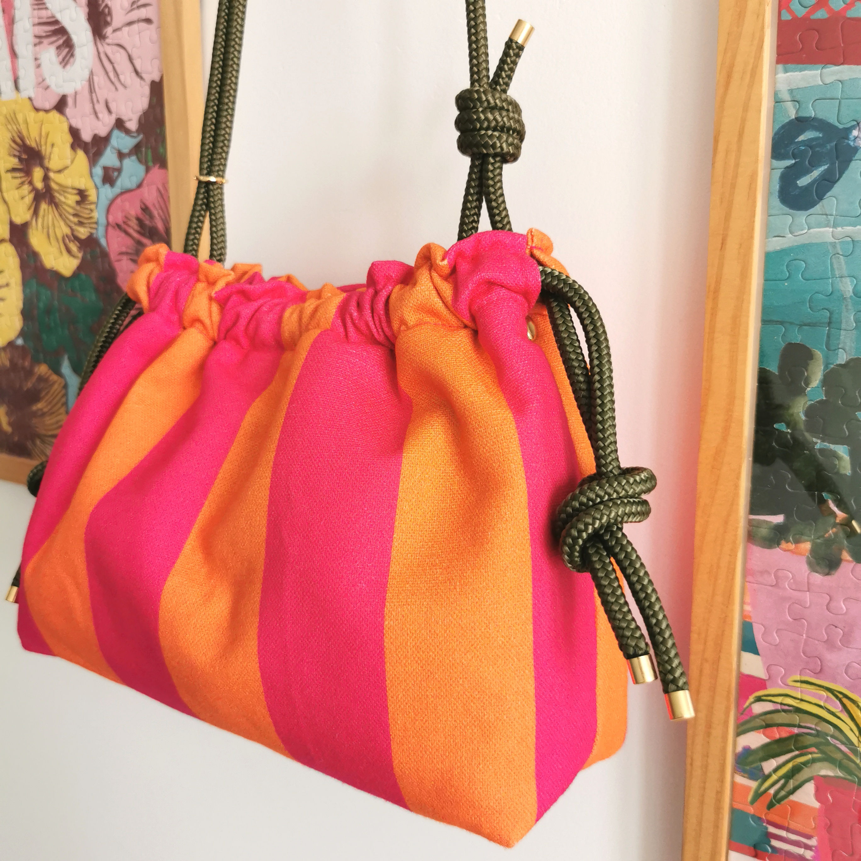 Sac bourse | CHARLIE | Rayures rose/orange (coloris cordes au choix)