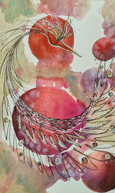 Aquarelle Oiseau rose et doré par FLO