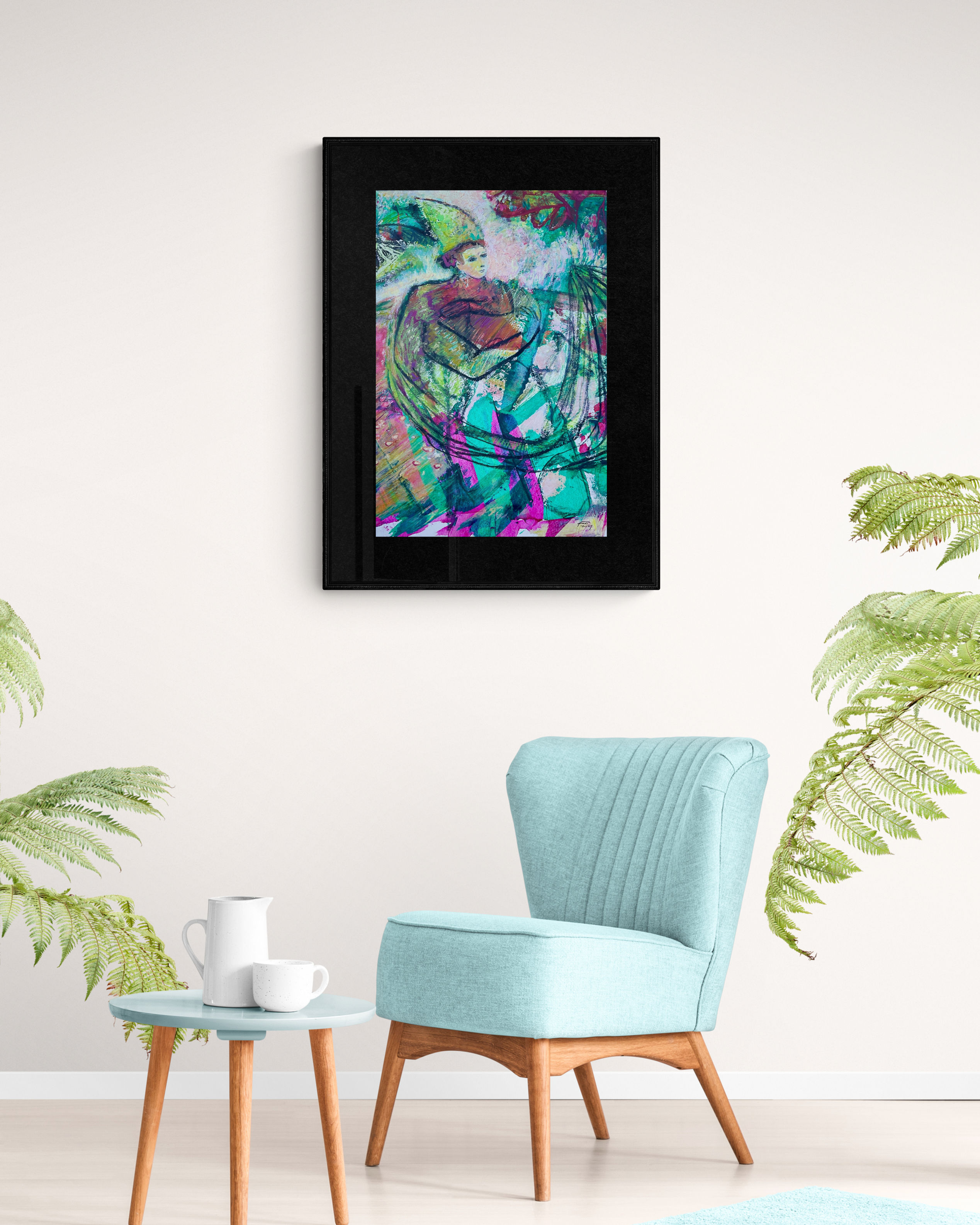 Peinture semi figurative turquoise Faisceau spirituel