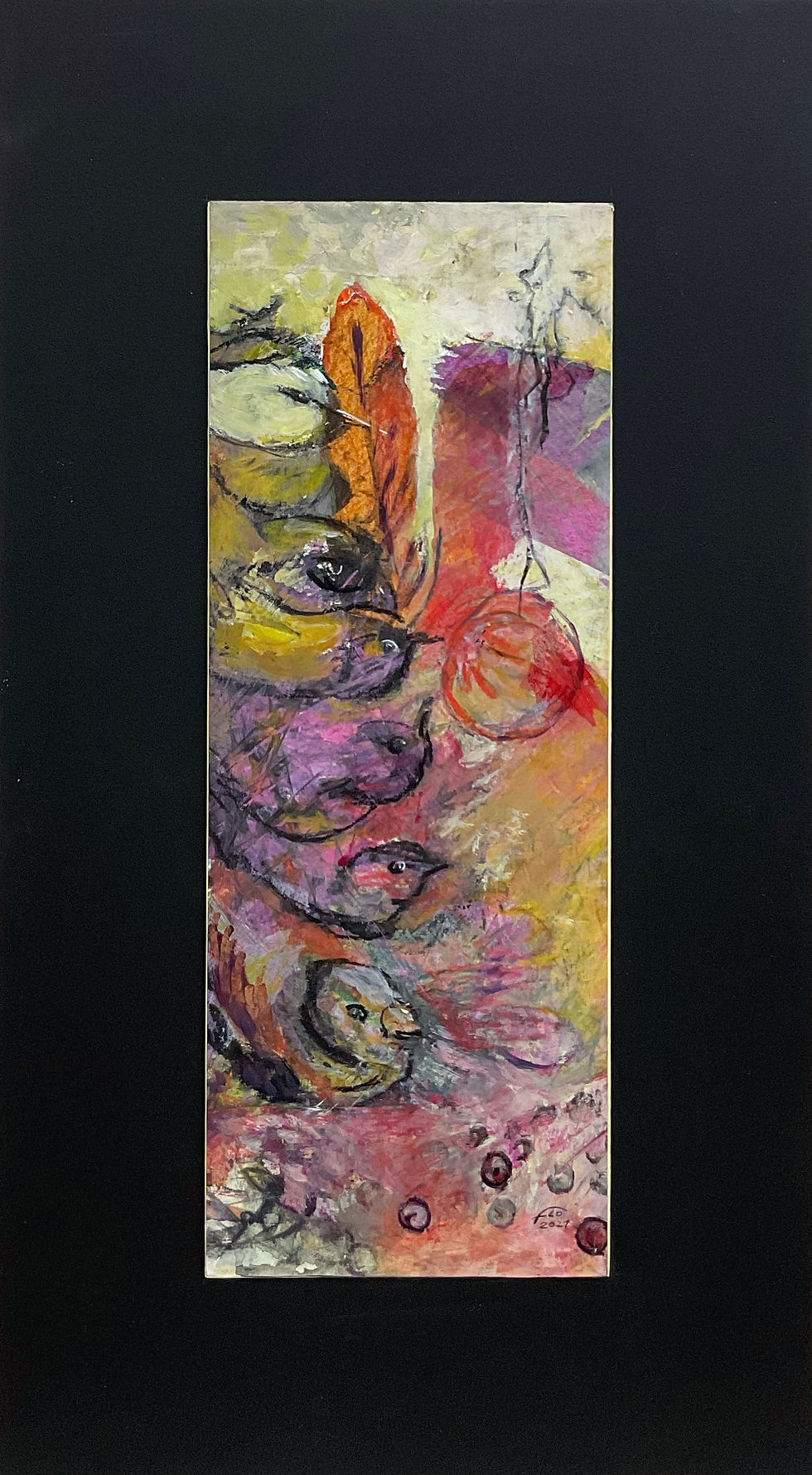 Peinture abstraite rose 'Nichée', oiseaux, plume, fruit