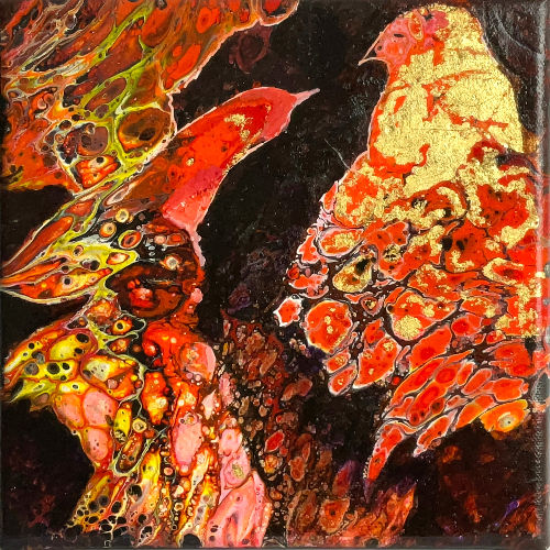 Toile carrée de petit format orange avec oiseaux