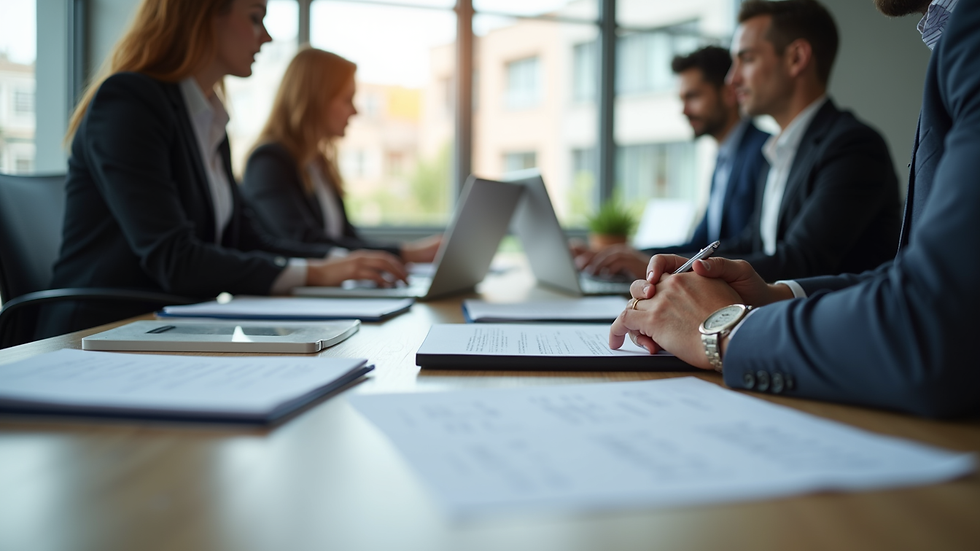 Eye-level view of a business meeting with documents and laptops