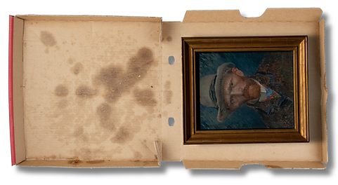A pizza box with a famous self portrait of Van Gogh painting inside.