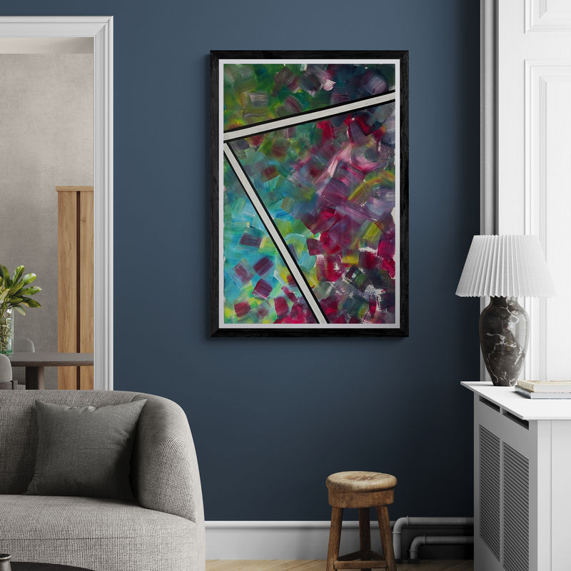 Thumbnail: Contemporary geometric artwork with pink and green hues, designed to stand out against navy walls.