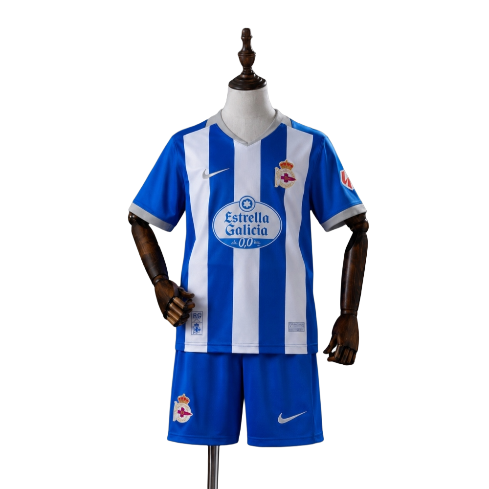 Front view of the 2026-27 Real Club Deportivo de A Coruña Football Club Home Soccer Kids Kit