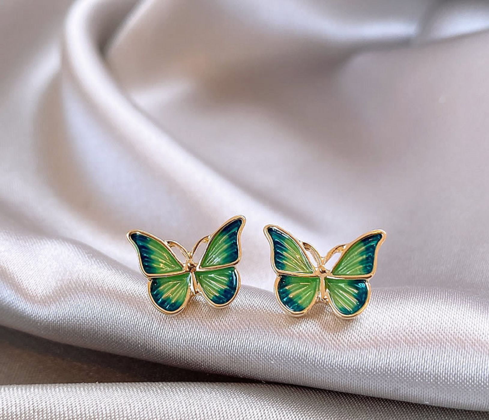 Emerald Butterfly Stud Earrings - Gold Framed Enamel, Perfect for Spring Fashion