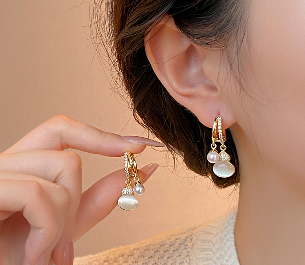 Thumbnail: Elegant Gold Hoop Earrings with Pearl and Mother of Pearl Charms - Classic Luxur