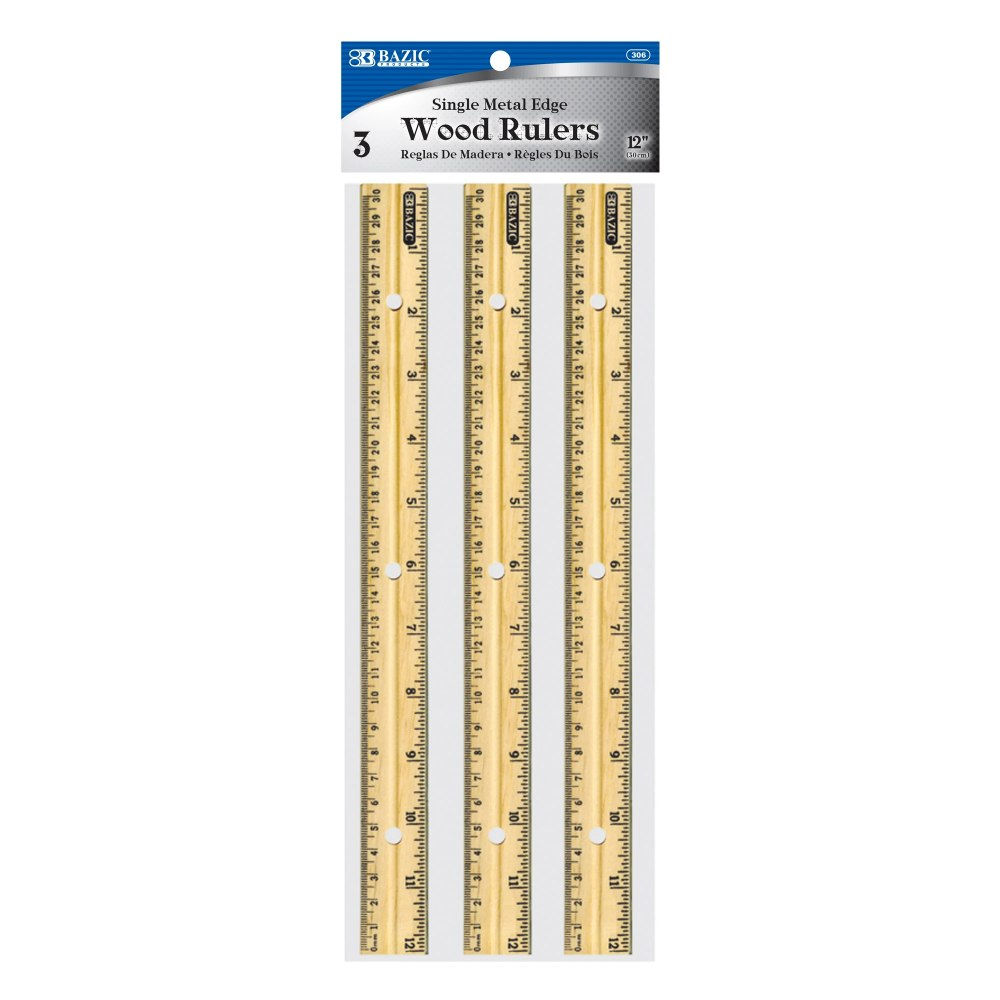 Bazic 12" (30cm) Wooden Ruler (3/Pack) #10999