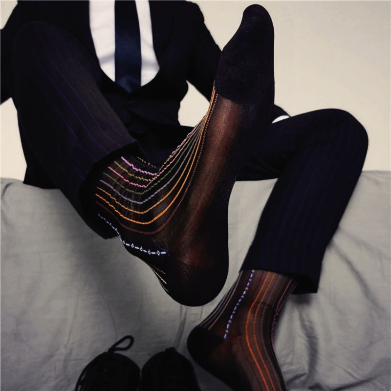 Mens Formal Dress Suit Socks Vintage See Through Thin Rainbow Striped Nylon Sexy