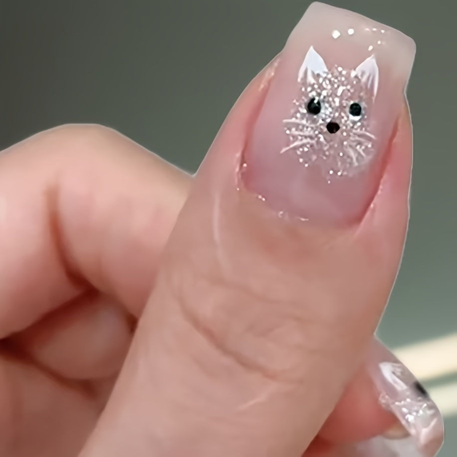30pcs Glossy Cat Eye Press-On Nails - Cute Cat Face Design with Sparkling Accent