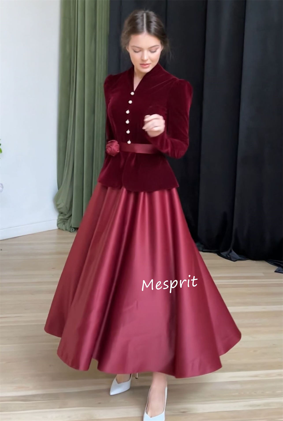 Customized Chinese Style Velour Pearl Sash Flower A-line V-neck Midi Dresses Bes