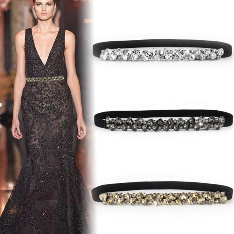 Fashion Crystal Belts For Women Elastic Black Gold Waist Belts Rhinestone Luxury