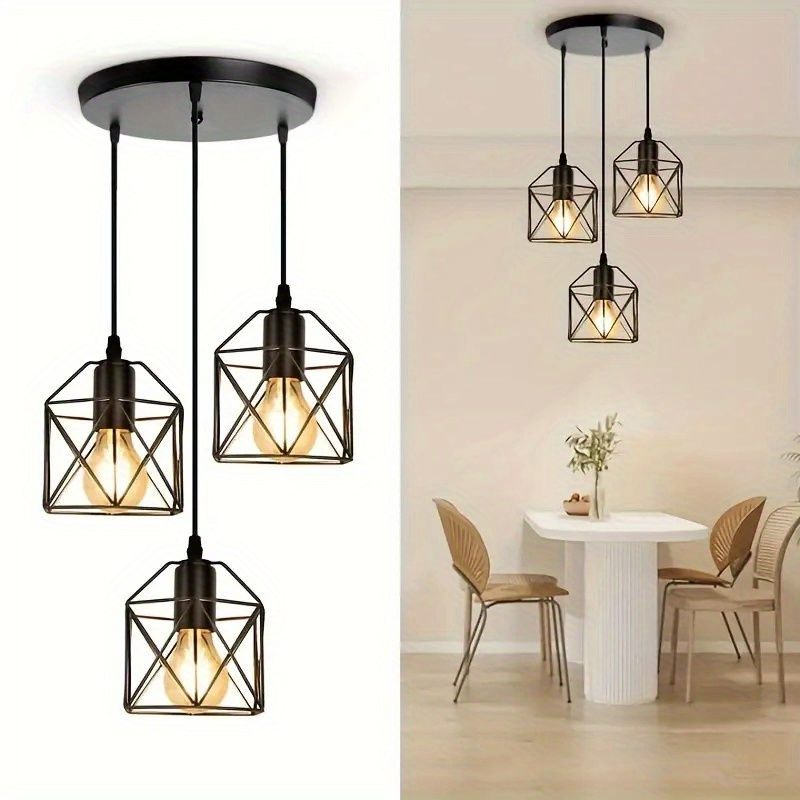 3-Light Vintage Industrial Ceiling Fixture, Adjustable Black Geometric Pendant L