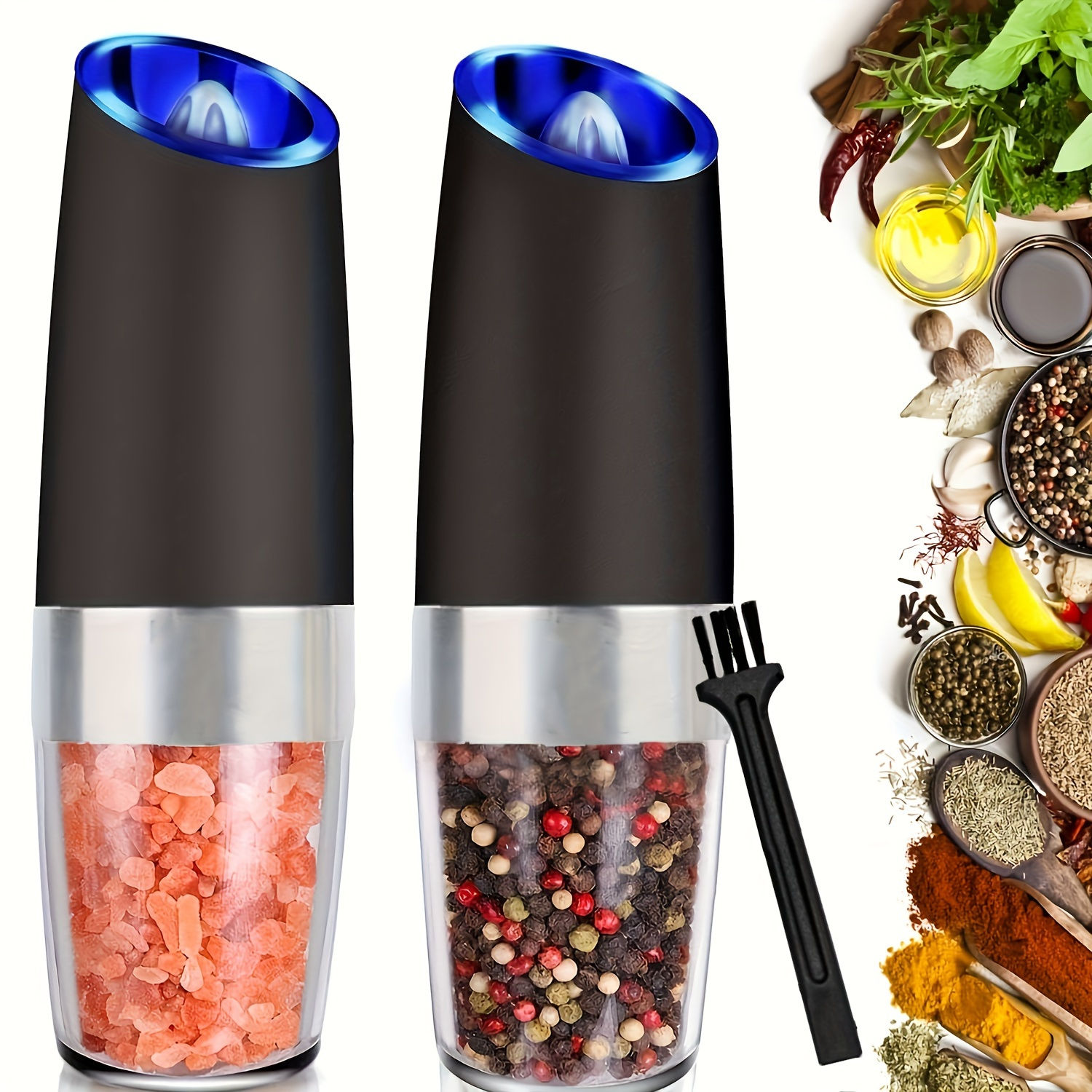 2pcs Gravity Electric Salt and Pepper Grinder Set, Battery Powered LED Light One