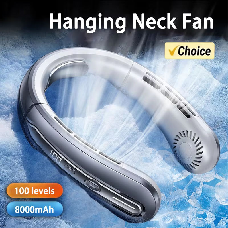 8000mAh USB Hanging Neck Fan Portable Bladeless Rechargeable Mute LED 100 Speed