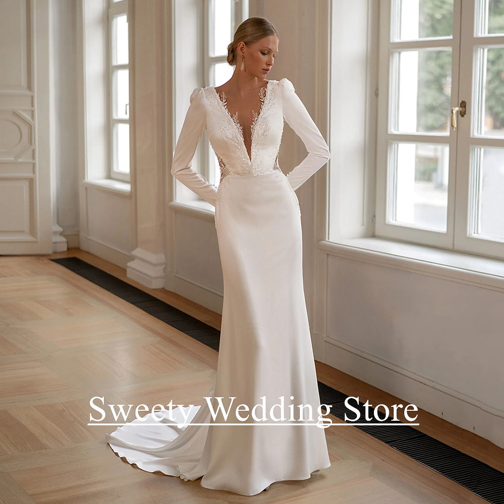 Sexy Mermaid Wedding Dress Customized Deep V Neck Full Sleeve Beading Applique S