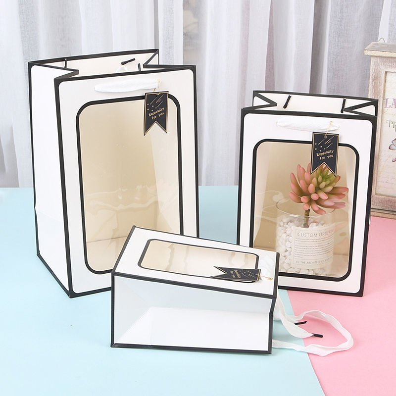 Creative Flower Tote Bag Portable Foldable Gift Box with Transparent Window Pres