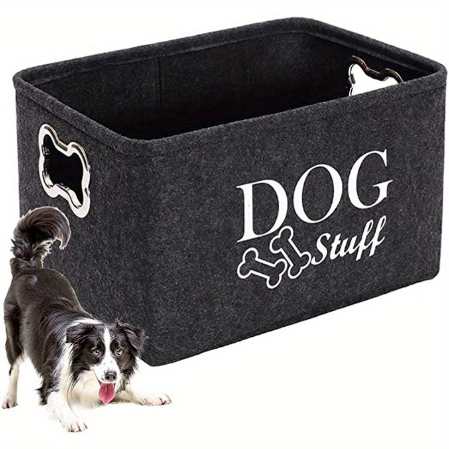 1pc Felt Pet Toy Storage Box with "DOG STUFF" Design - Black Organizer for Toys,