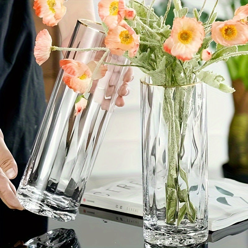 Thumbnail: 1pc Glass Cylinder Vase, Premium Quality Golden Edge Clear Glass Flower Vase For