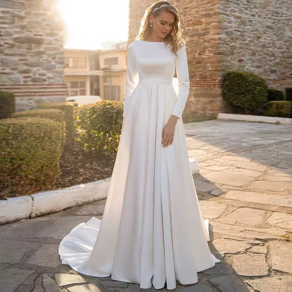 Muslim High Quality A-line Ivory Wedding Dresses O-Neck Big Bow Full Draped Plea